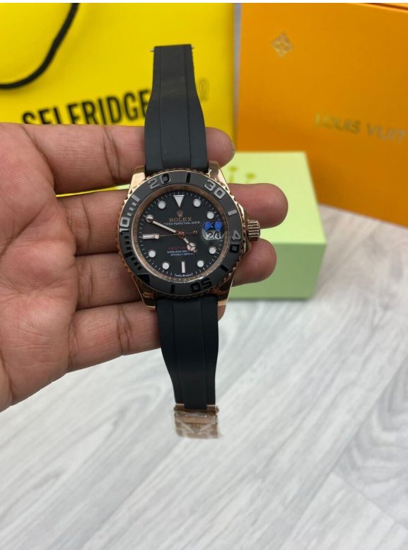 Rolex Yacht Master Gold/Black Watch with Rubber Straps Men's